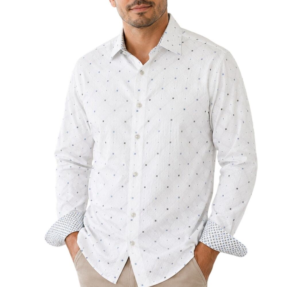 Robert Graham Sartel White Textured Square Dot Flip Cuff Shirt Medium
